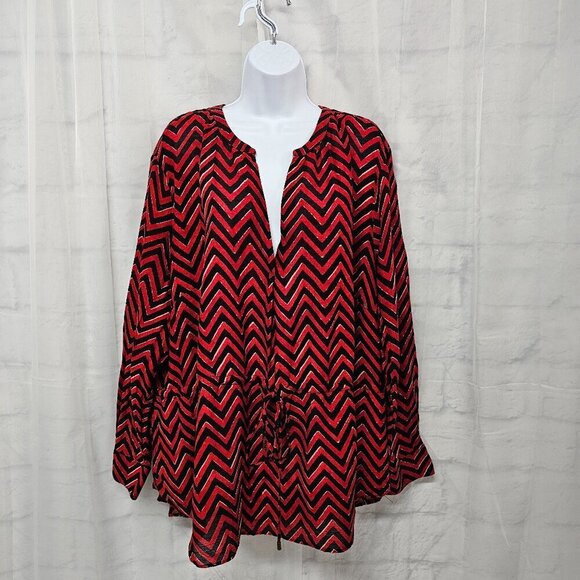 Lauren Ralph Lauren Red Black Chevron Gauzy Tribal Peasant Blouse 3X - Picture 1 of 13